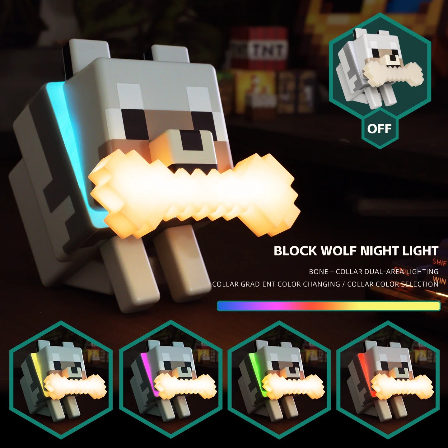 MC Game Cute Wolf Dog Night Light RGB Officially Licensed Decor And Desk Lamp For Gaming Room Or Kids And Bedroom